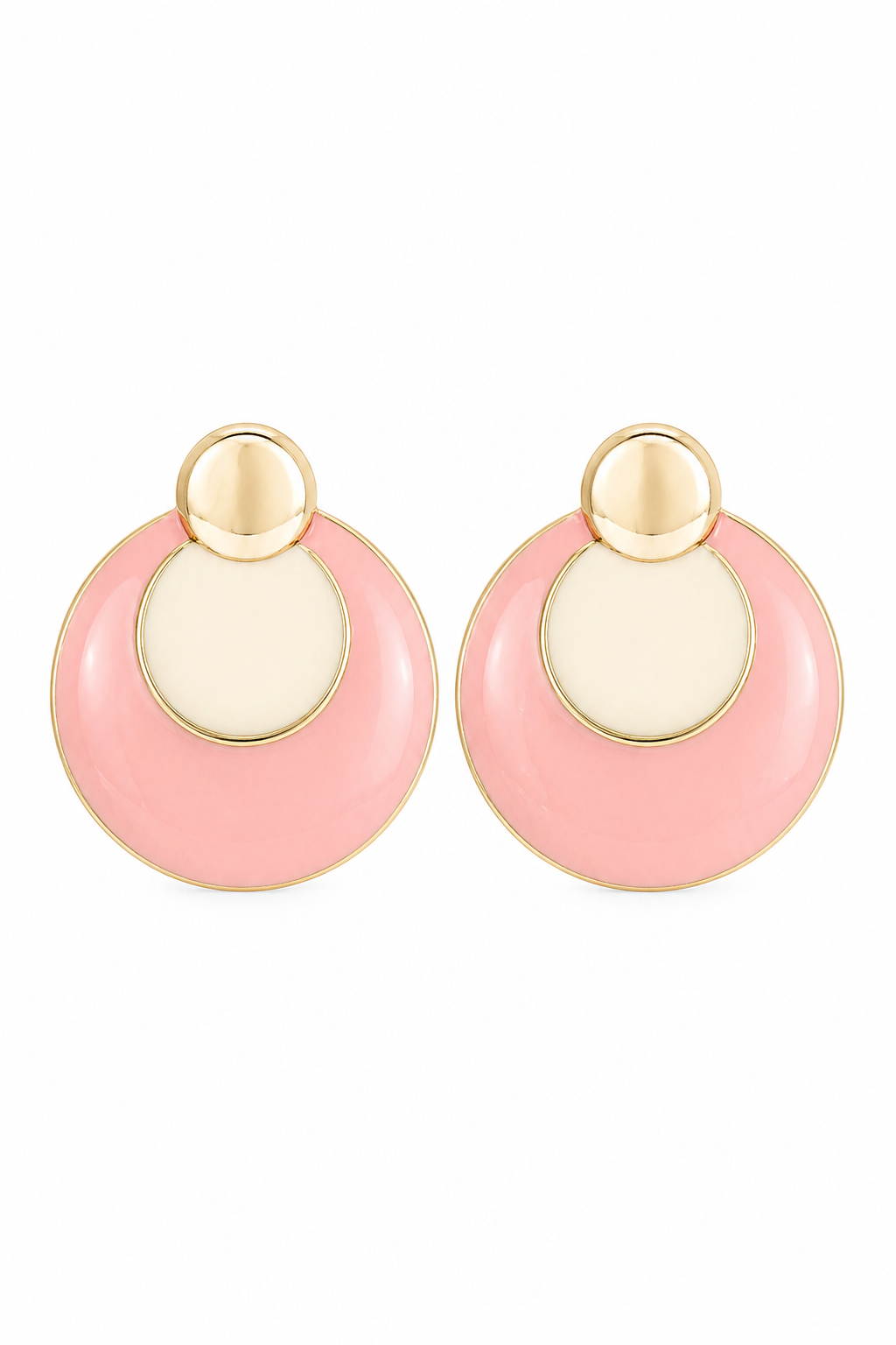 Vintage Pink & Ivory Statement Earrings | Gold Tone Circular Drop Earrings