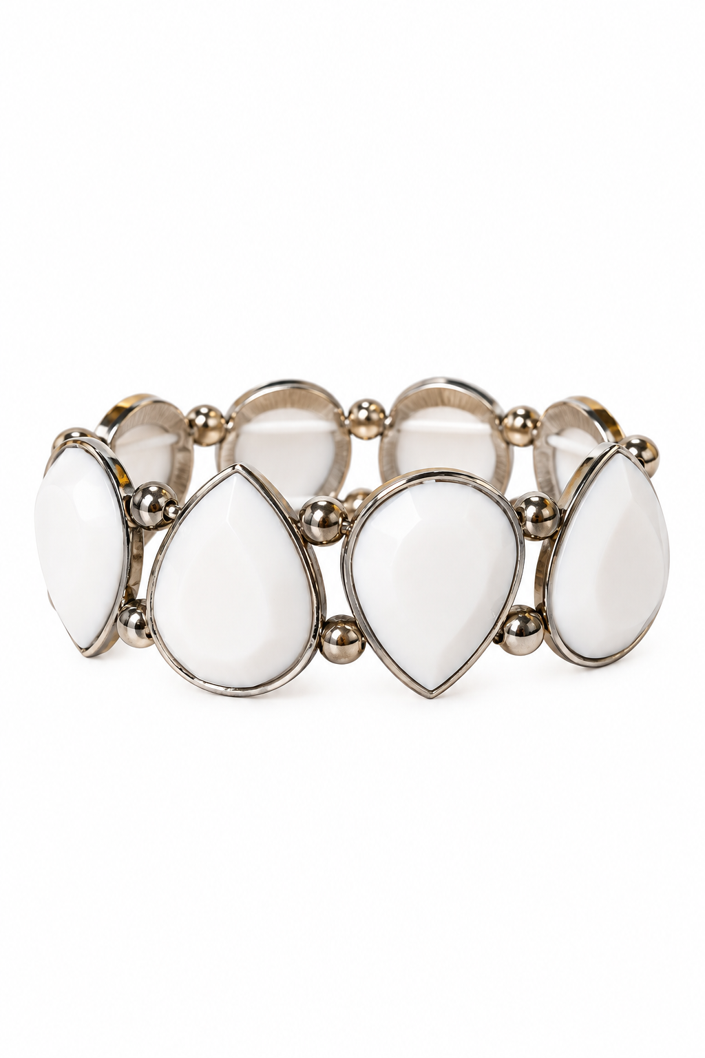 Elegant White Teardrop & Silver-Tone Stretch Bracelet | Modern Statement Jewelry