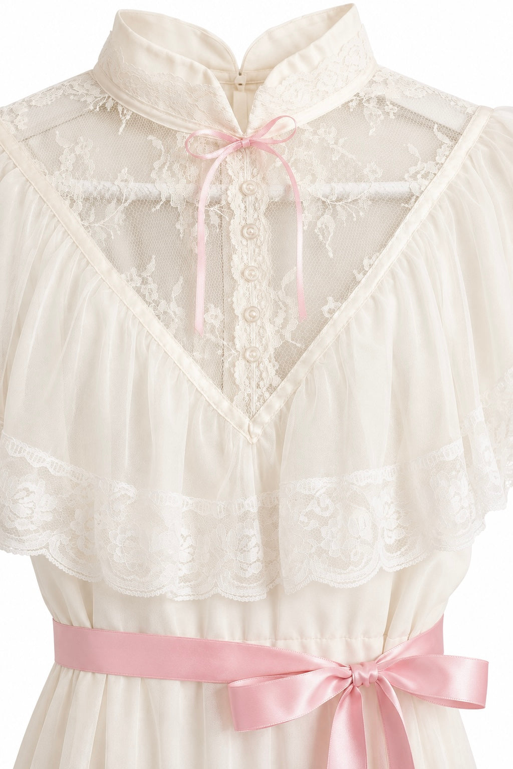 Vintage 1970s Ivory Prairie Dress Pink Ribbon Lace Romantic Bridal Wedding Dress XS/S Handmade