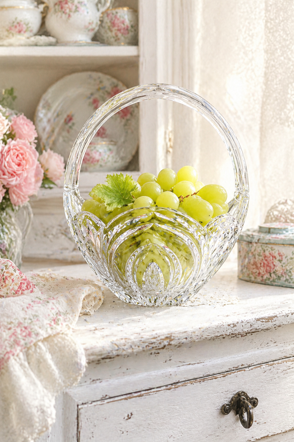 1970s Royal Limited Lead Crystal Basket | Vintage Crystal Handle Basket