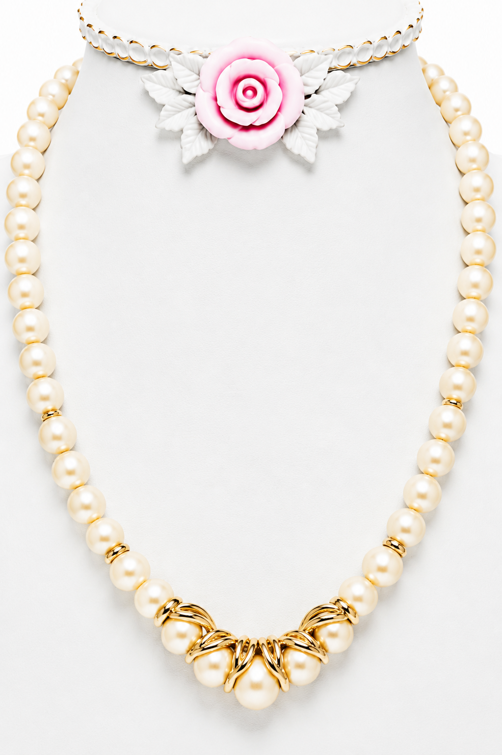 Vintage 1980s Faux Pearl Statement Necklace | Gold Tone Sculptural Ribbon Collar
