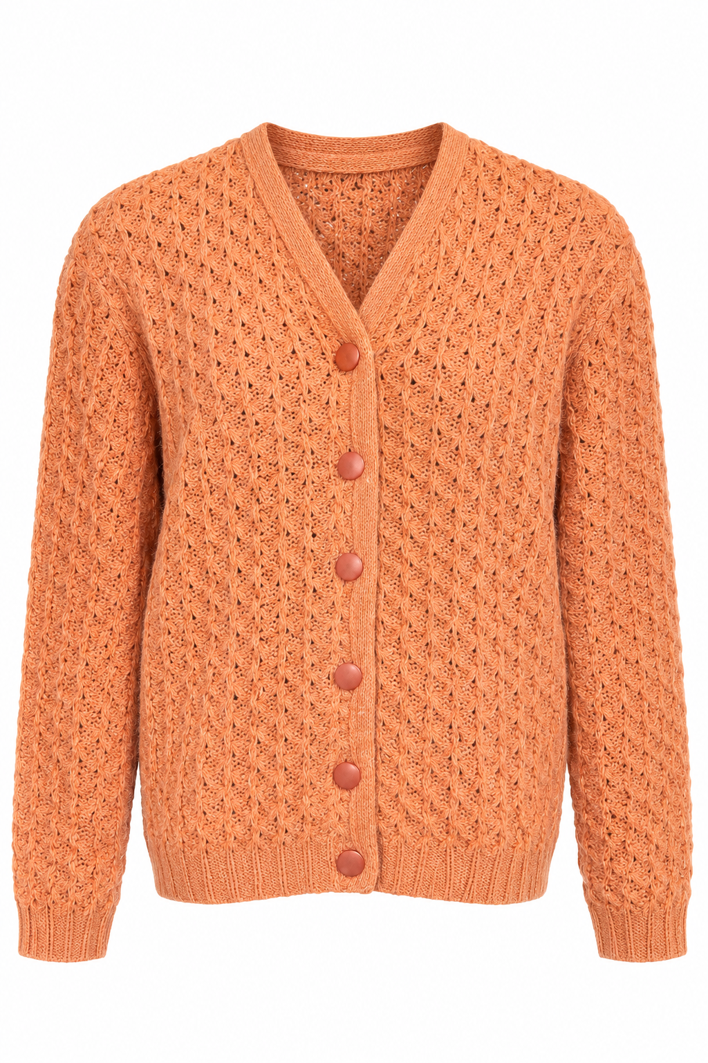 Vintage 1960s–70s Burnt Orange Open Knit Button Front Cardigan Sweater S/M