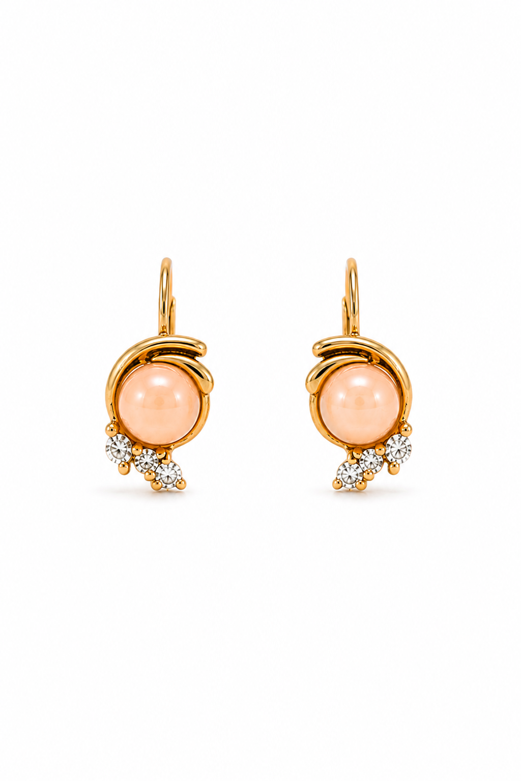 Vintage/Antique Estate Pink Coral Cabochon & Rhinestone Gold Tone Leverback Earrings | Romantic Petite Earrings | ½”