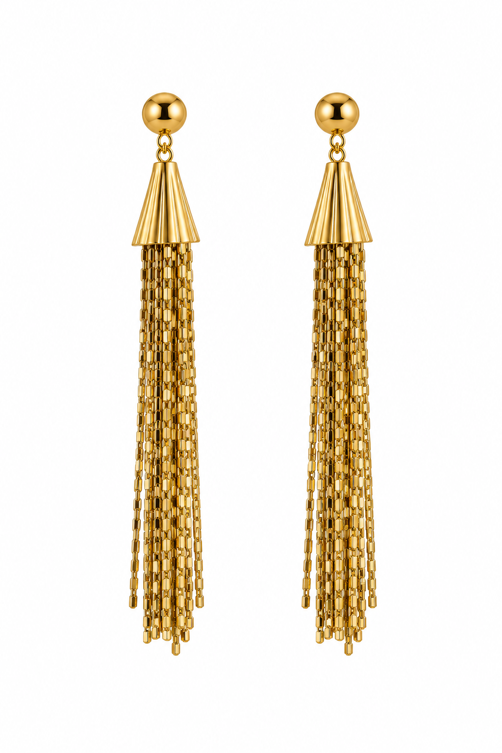 Vintage 1980s Gold-Tone Long Chain Tassel Fringe Statement Stud Earrings