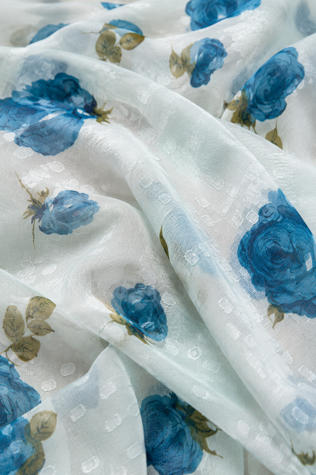 Vintage Light Blue Sheer Blue Rose Floral Head Scarf