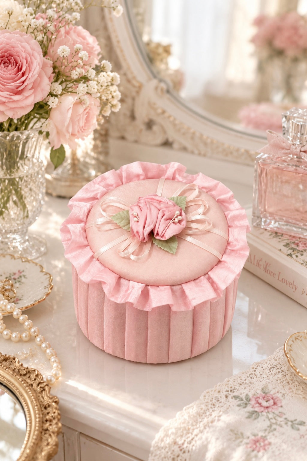 Vintage Pink Satin Musical Trinket Box | Rose & Ruffle Jewelry Box