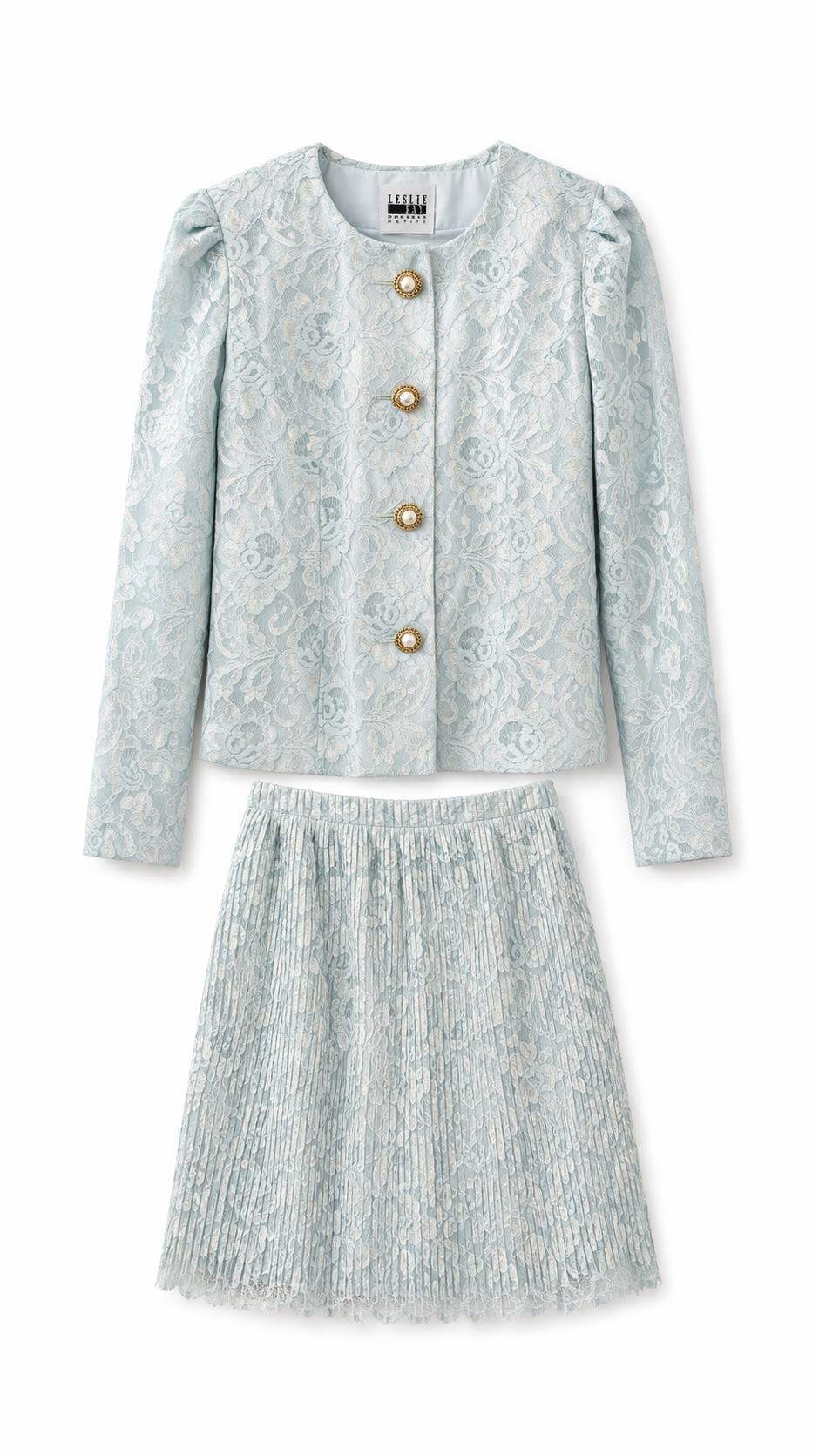 Vintage 1980s Powder Blue Lace Skirt Set | Made in USA Two Piece Blazer & Pleated Skirt Suit Size 10