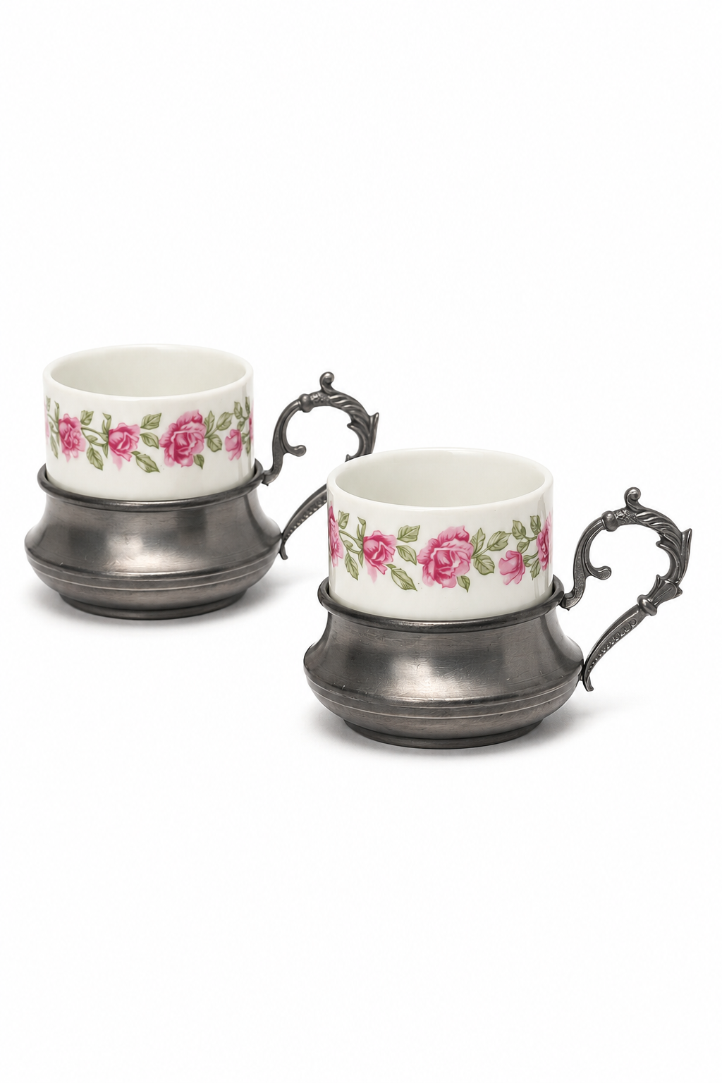 Vintage Italian Rose Espresso Cups with Ornate Pewter Holders – Set of 2 (1950s–1970s)