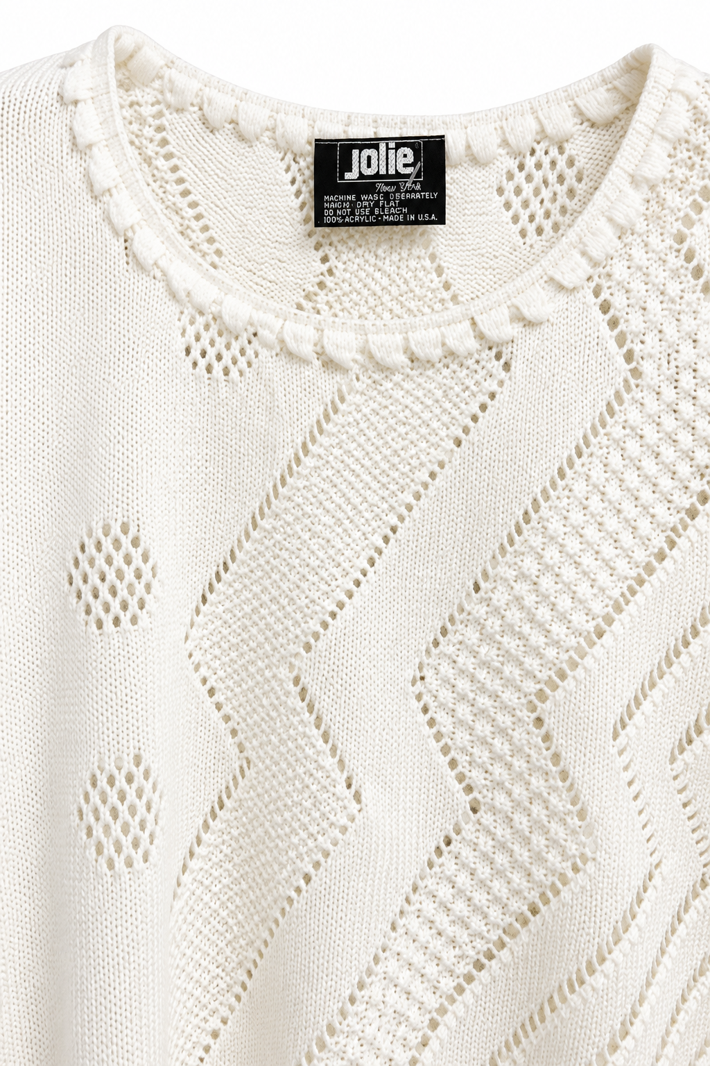 Vintage 1980s Jolie New York Ivory Open Knit Sweater Top Boat Neck S/M