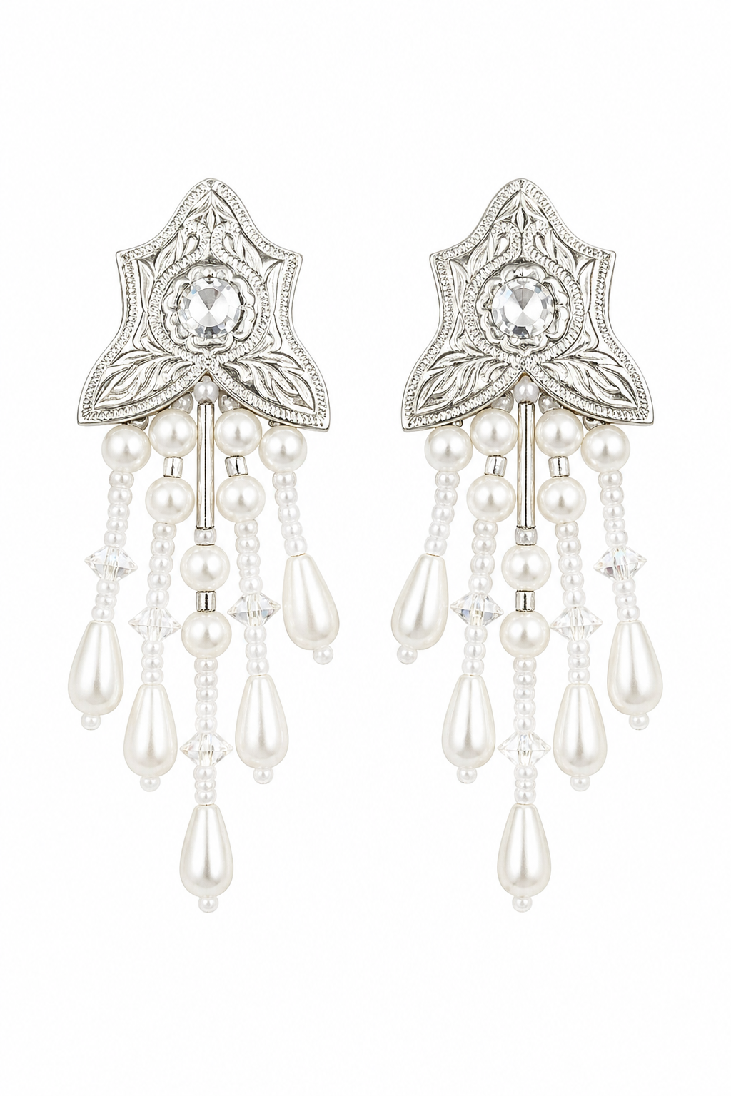 Vintage Pearl Chandelier Statement Stud Earrings | Silver Tone Crystal Drop Earrings