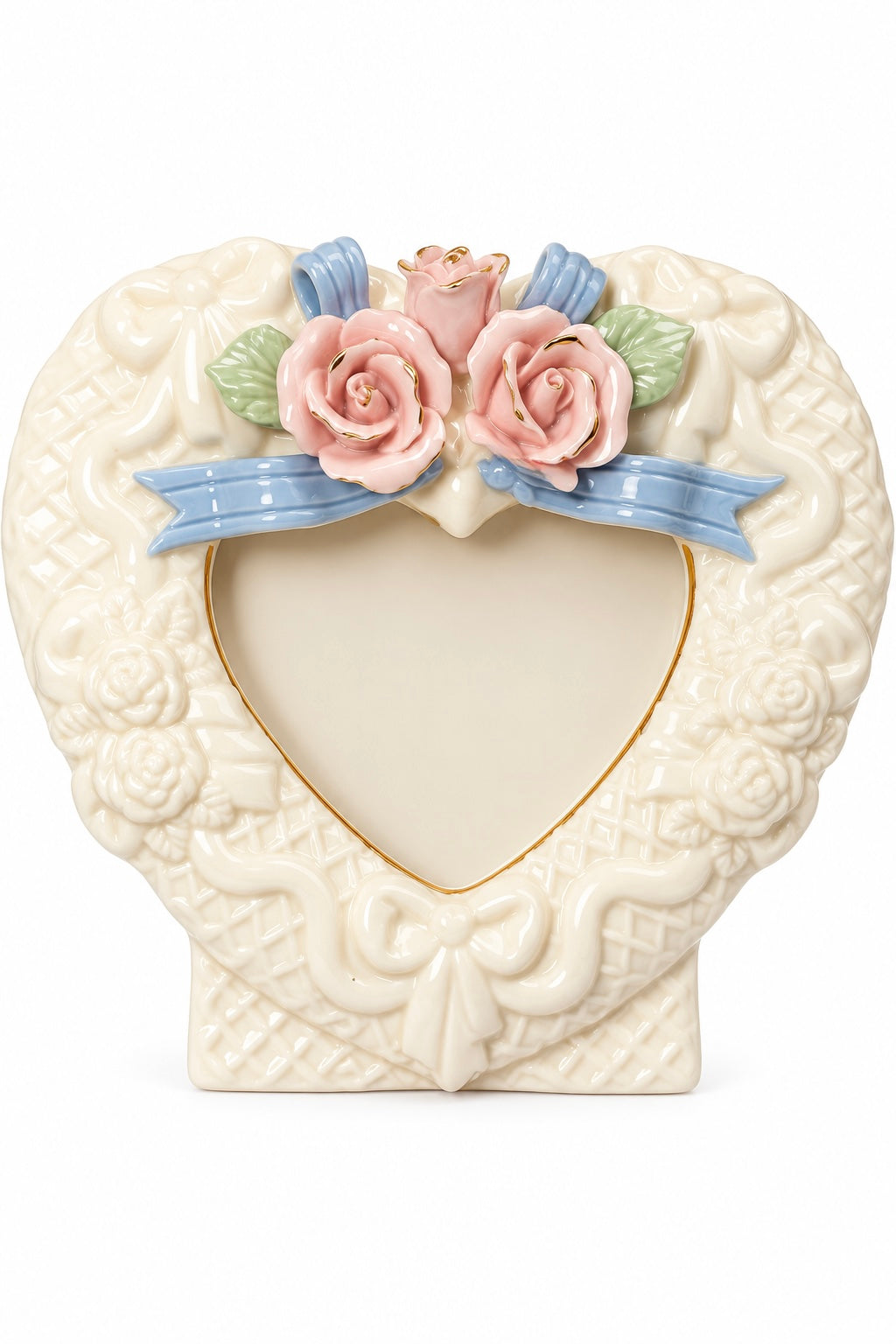 Vintage Heart-Shaped Floral Picture Frame | Pink Roses & Blue Ribbon Porcelain Frame