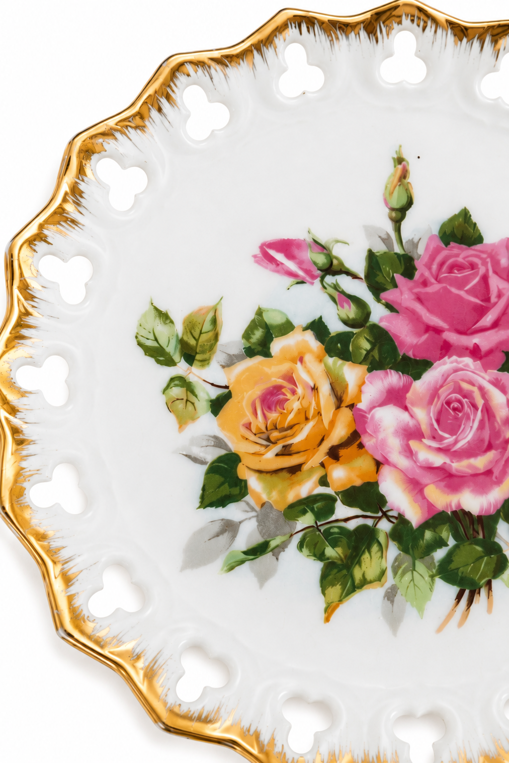 Vintage 1950s–1960s Norcrest China Co. Floral Wall Plate Pink & Yellow Roses Gold Trim | Made in Portland, Oregon | 8”