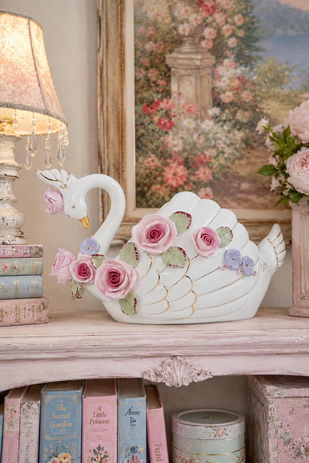 Large Vintage Porcelain Swan Planter / Trinket Dish | Made in Japan | Pink Roses | Cottagecore Centerpiece RARE