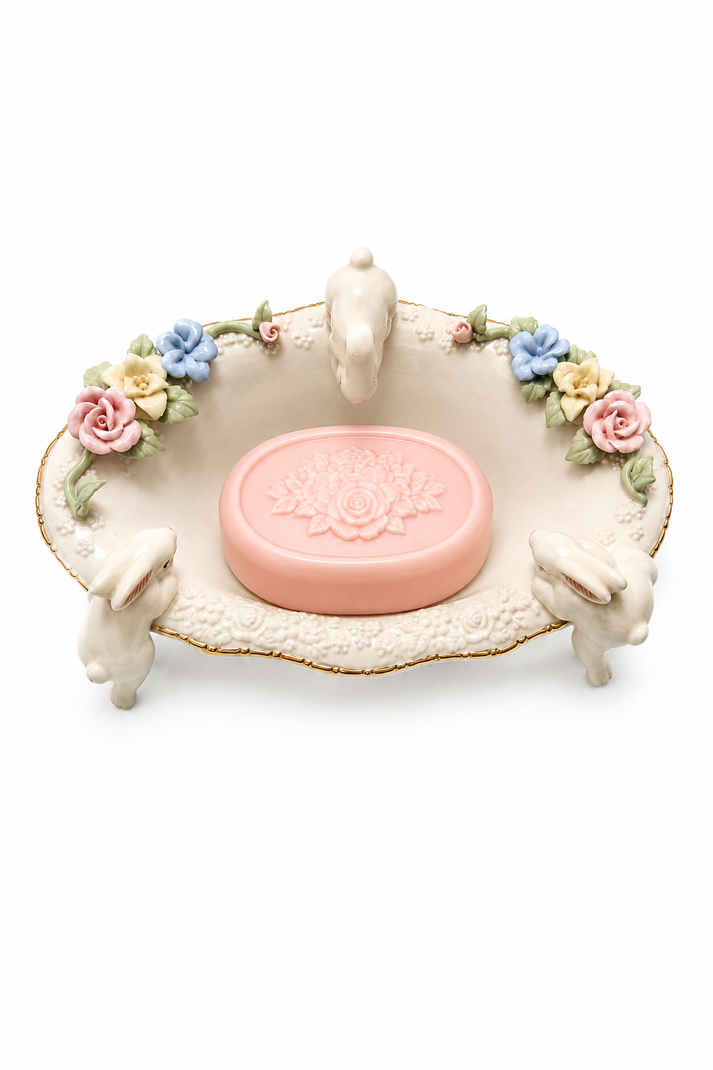 Vintage Rabbit & Rose Ceramic Soap Dish | Cottagecore Bunny Vanity Tray | 1980s–1990s Decor