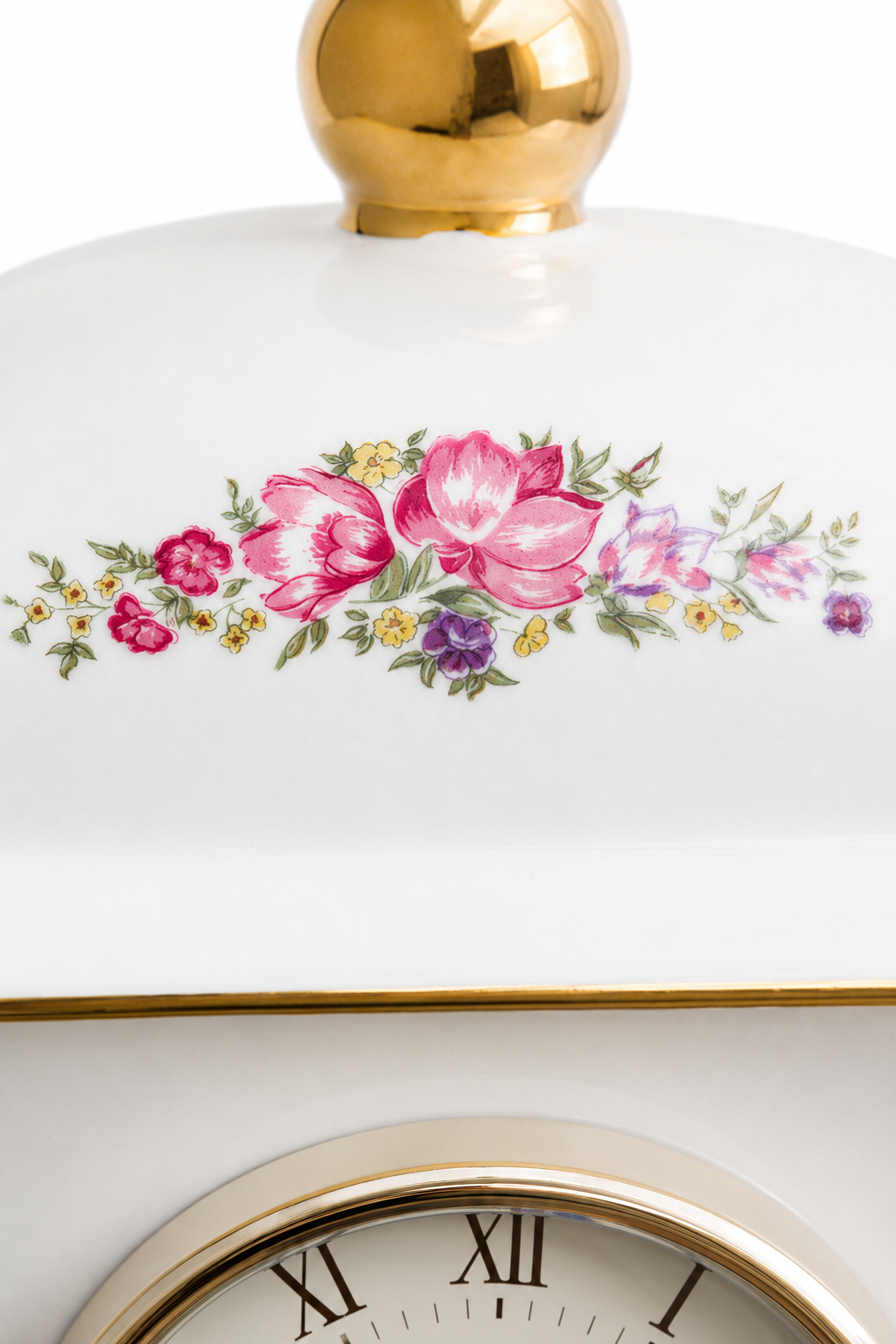 1993 Paul Sebastian Limited Edition Porcelain Mantel Clock | White Ceramic with Pink Florals & 22K Gold Accents