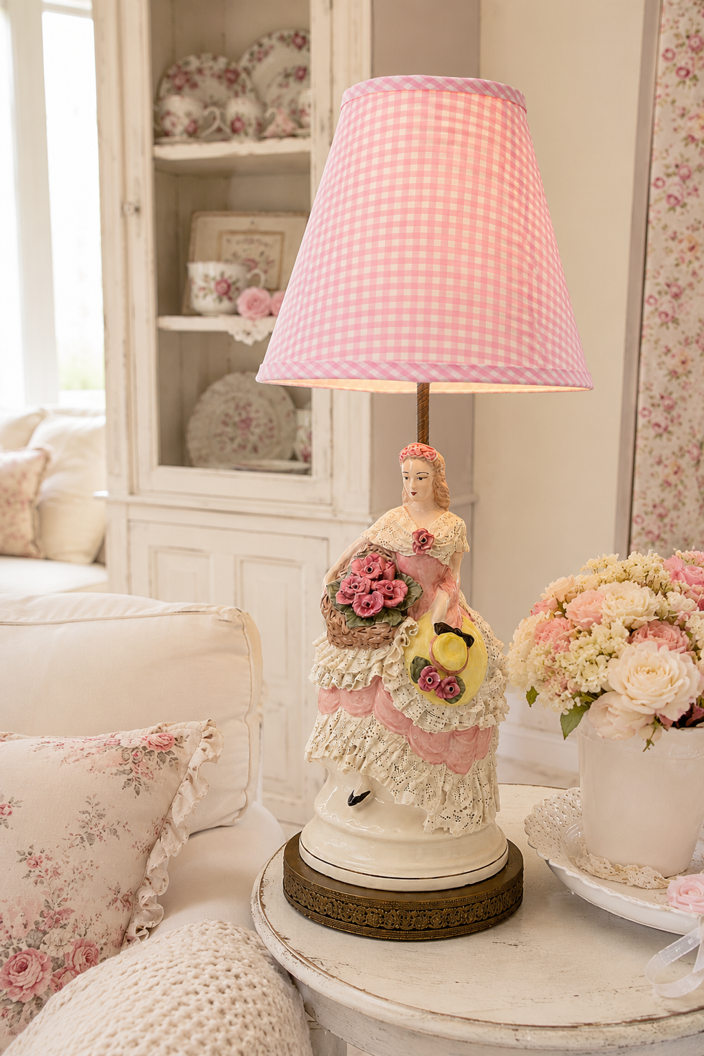Vintage Italian Victorian Lady Porcelain Table Lamp | Romantic Cottage Lamp with Pink Gingham Shade