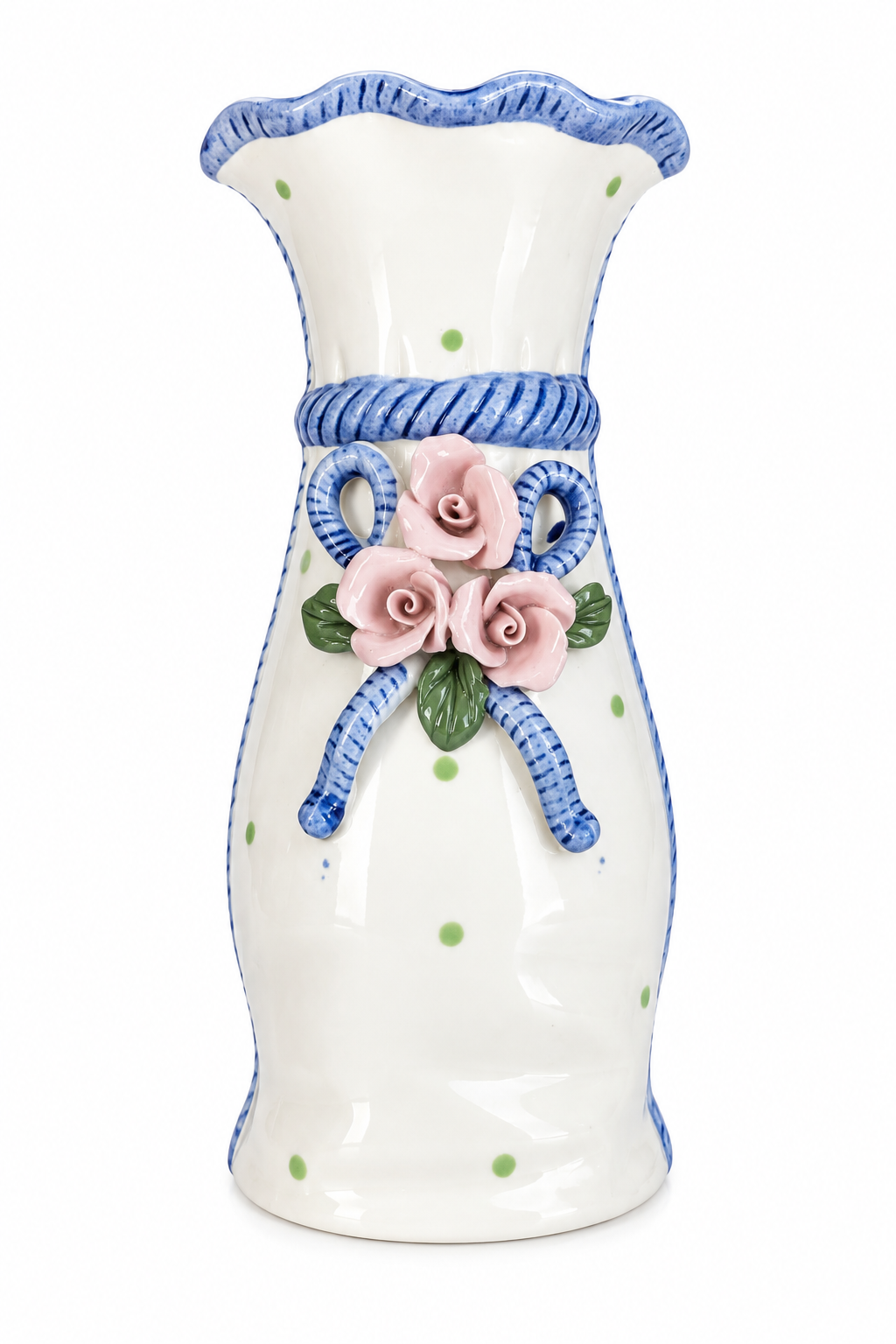 Vintage 1999 IAC Ceramic Vase – Blue Trim & 3D Pink Porcelain Roses