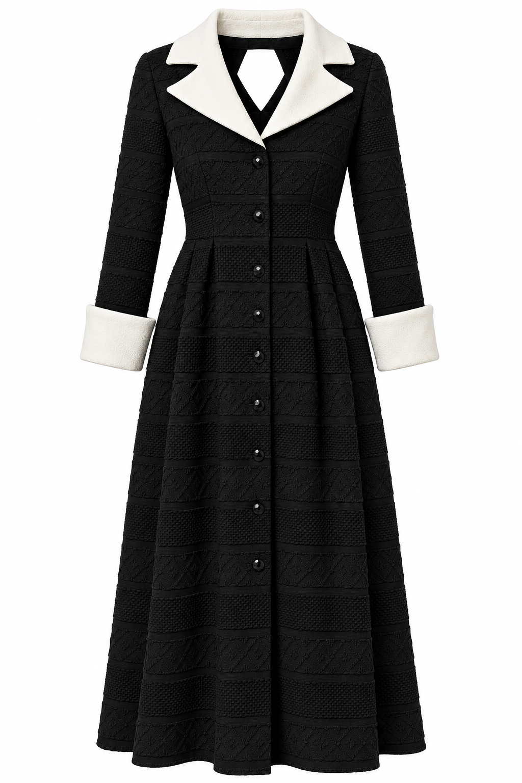 Vintage Black & White Gothic Wednesday-Inspired Button Front Midi Dress | Contrast Collar & Cuffs – Approx. Small