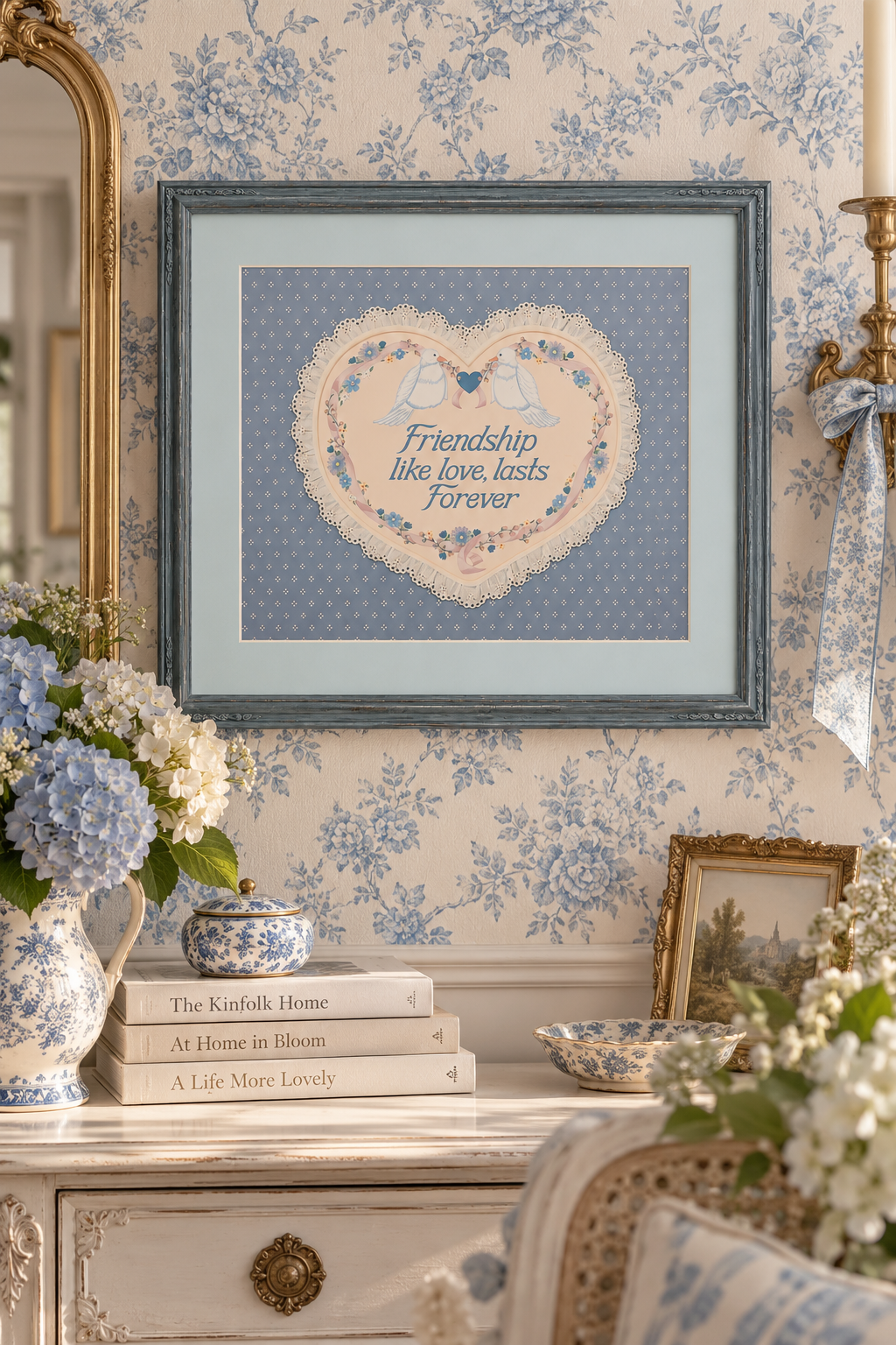 Vintage 1980s Cottagecore Dove Friendship Heart Wall Art – Blue & Pink