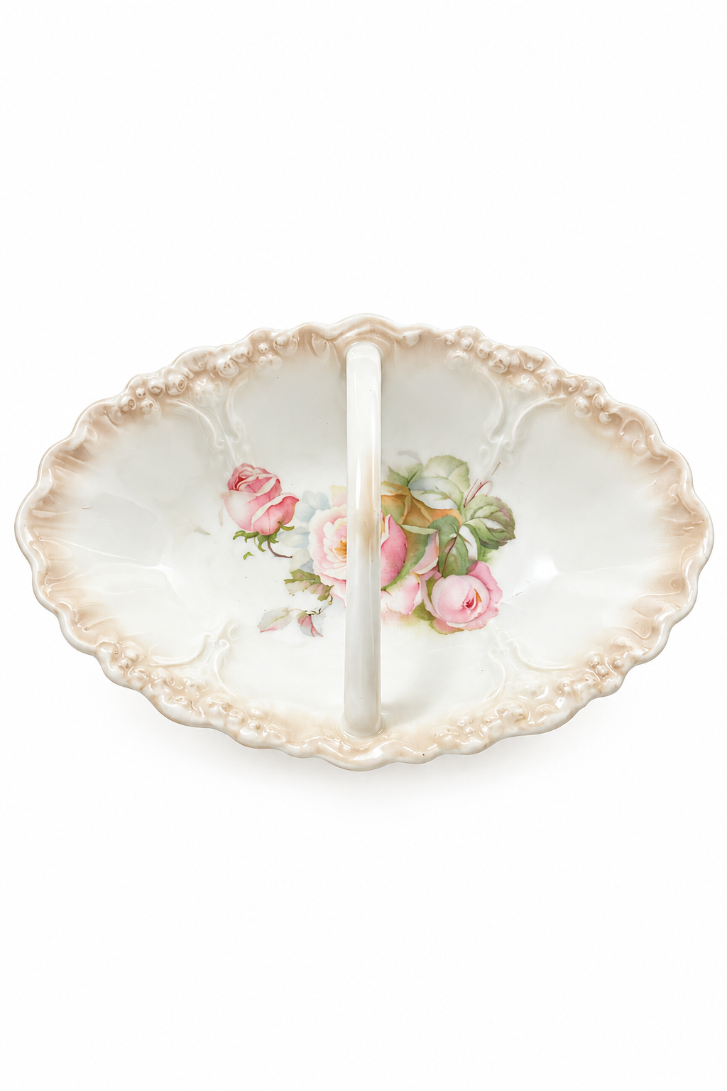 Antique Pink Rose Porcelain Divided Trinket Dish | Romantic Jewelry & Vanity Tray
