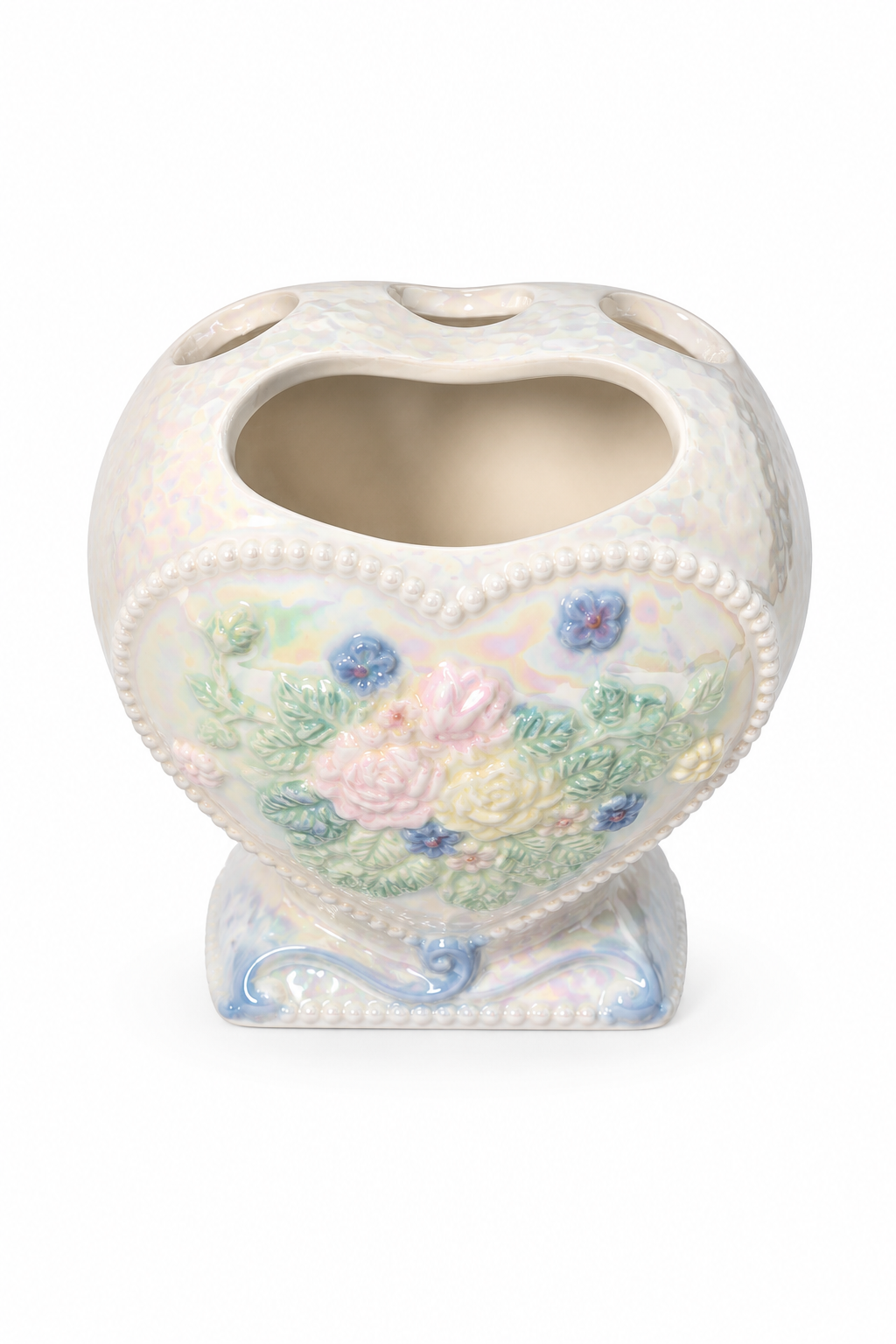 Vintage 1980s–90s Pearlized Heart Ceramic Toothbrush & Toothpaste Holder | Floral Bathroom Organizer