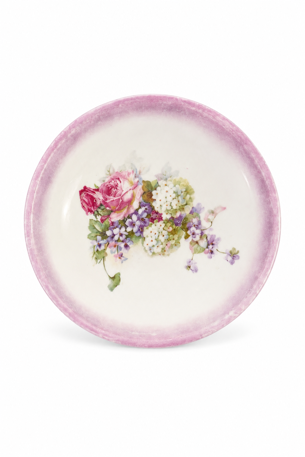 Antique German Porcelain Floral Serving Bowl – Pink Roses Purple Flowers Hand Painted 1890s–1920s