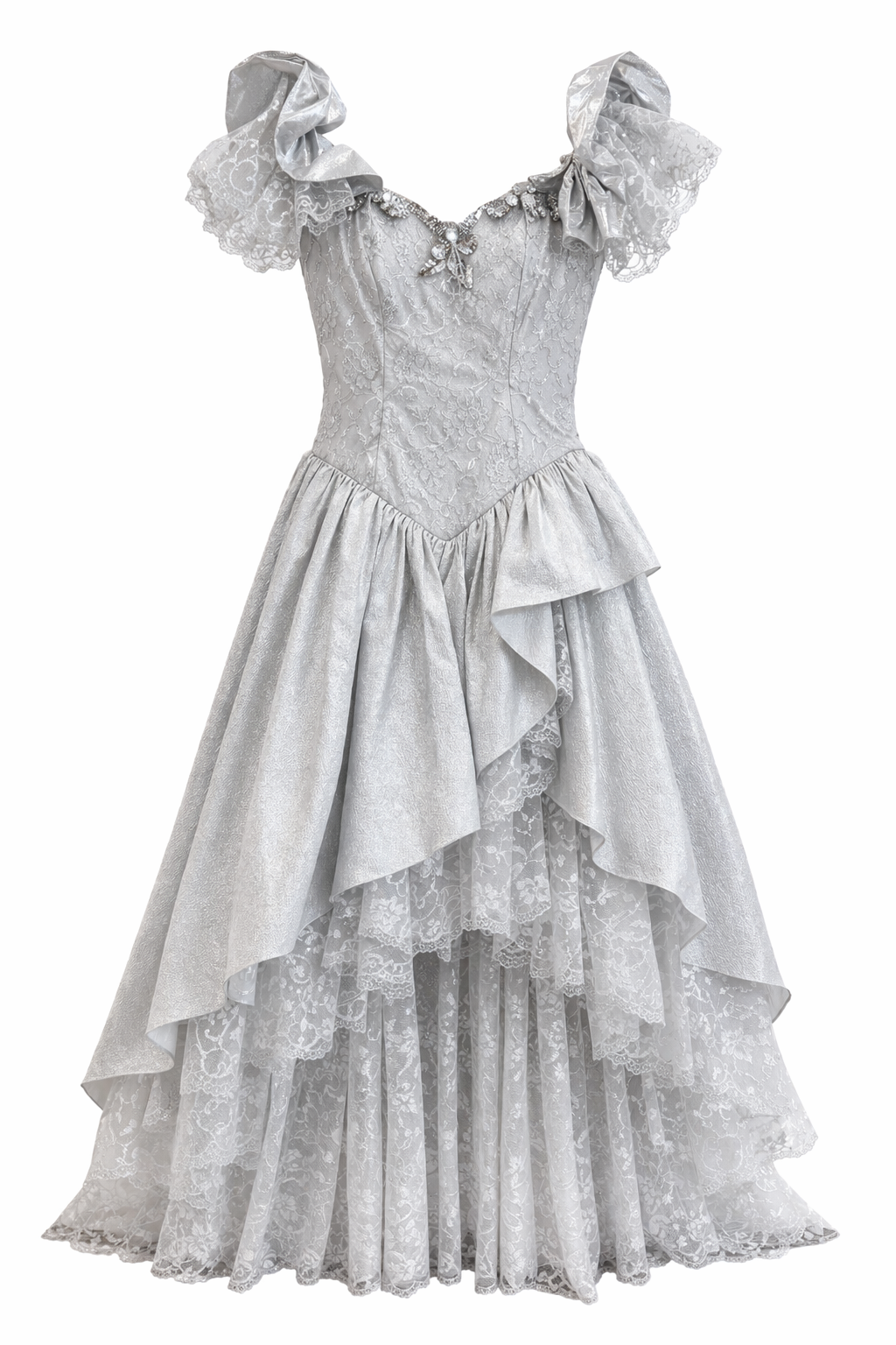 Vintage 1980s Loralie Silver Cinderella Gown | High-Low Lace Party Dress – Size 4–6