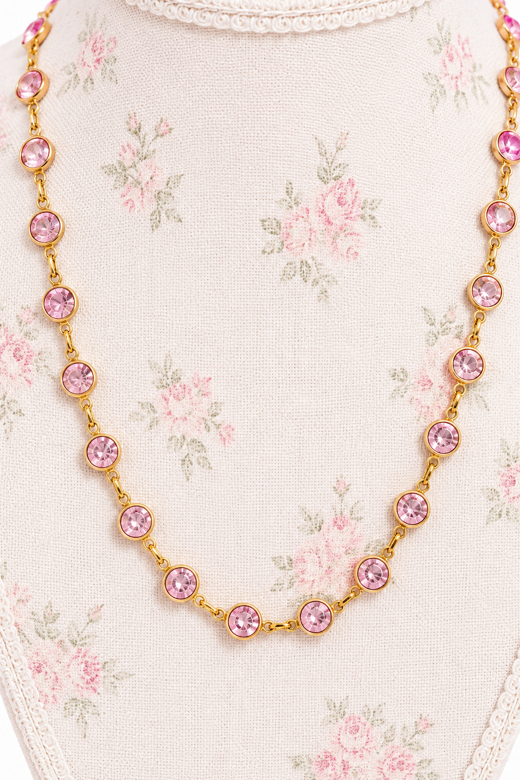 Vintage 1980s–90s Avon Pink Faceted Glass Station Necklace | Gold Tone Bezel Set
