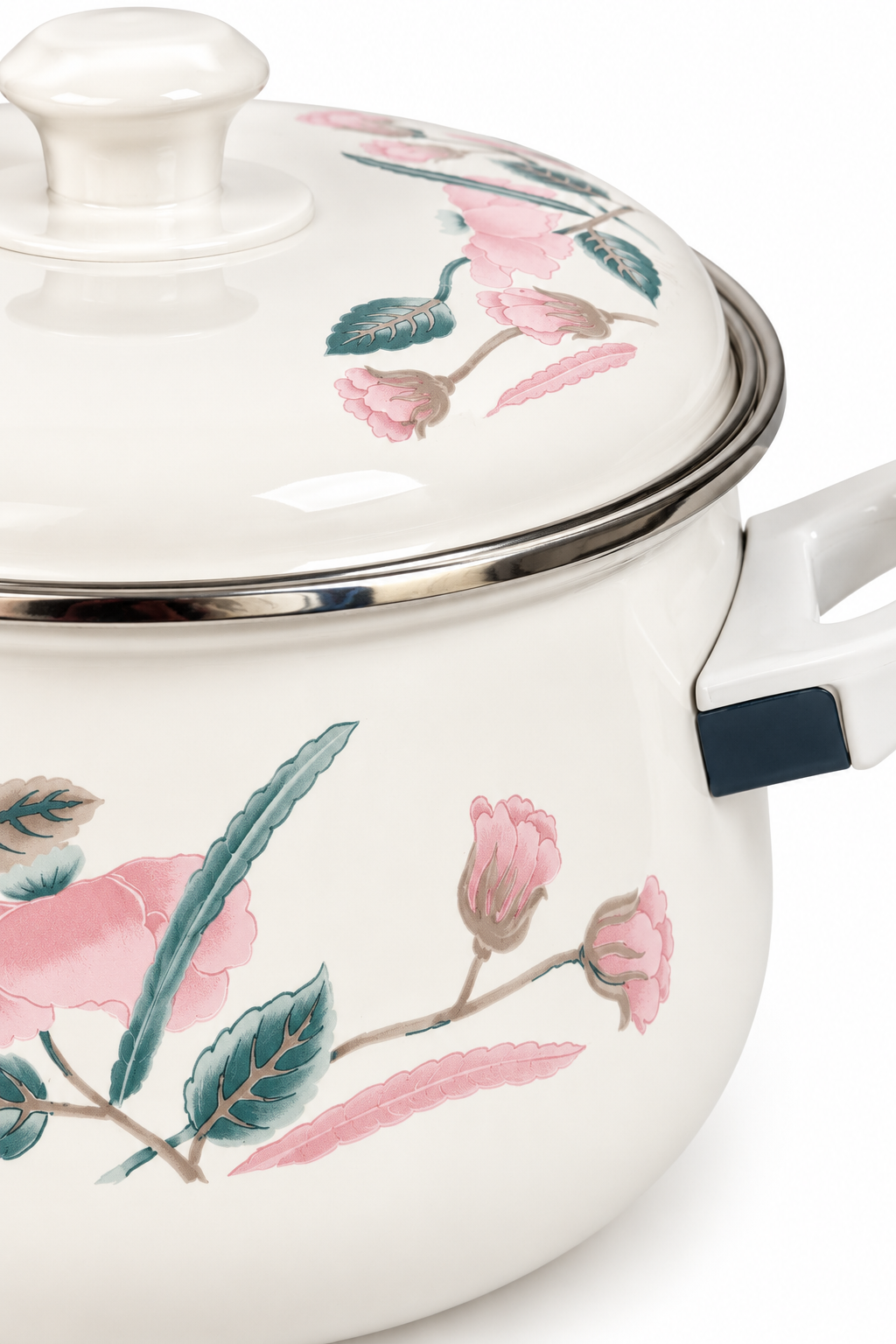 Vintage 1980s White Enamel Cookware Pot with Lid – Pink Tulip Floral Taiwan ROC