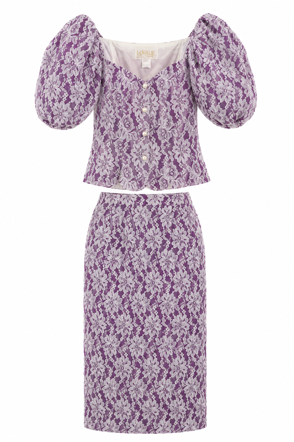 Vintage 1980s Laurel Original Purple Floral Lace Puff Sleeve Top & Pencil Skirt Two Piece Set S/M Made in USA