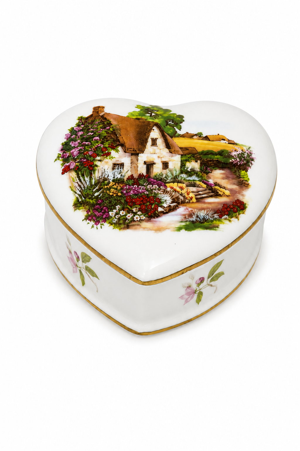 Vintage Cottagecore Heart-Shaped Fine Porcelain Trinket Box | Cottage Garden Keepsake Box