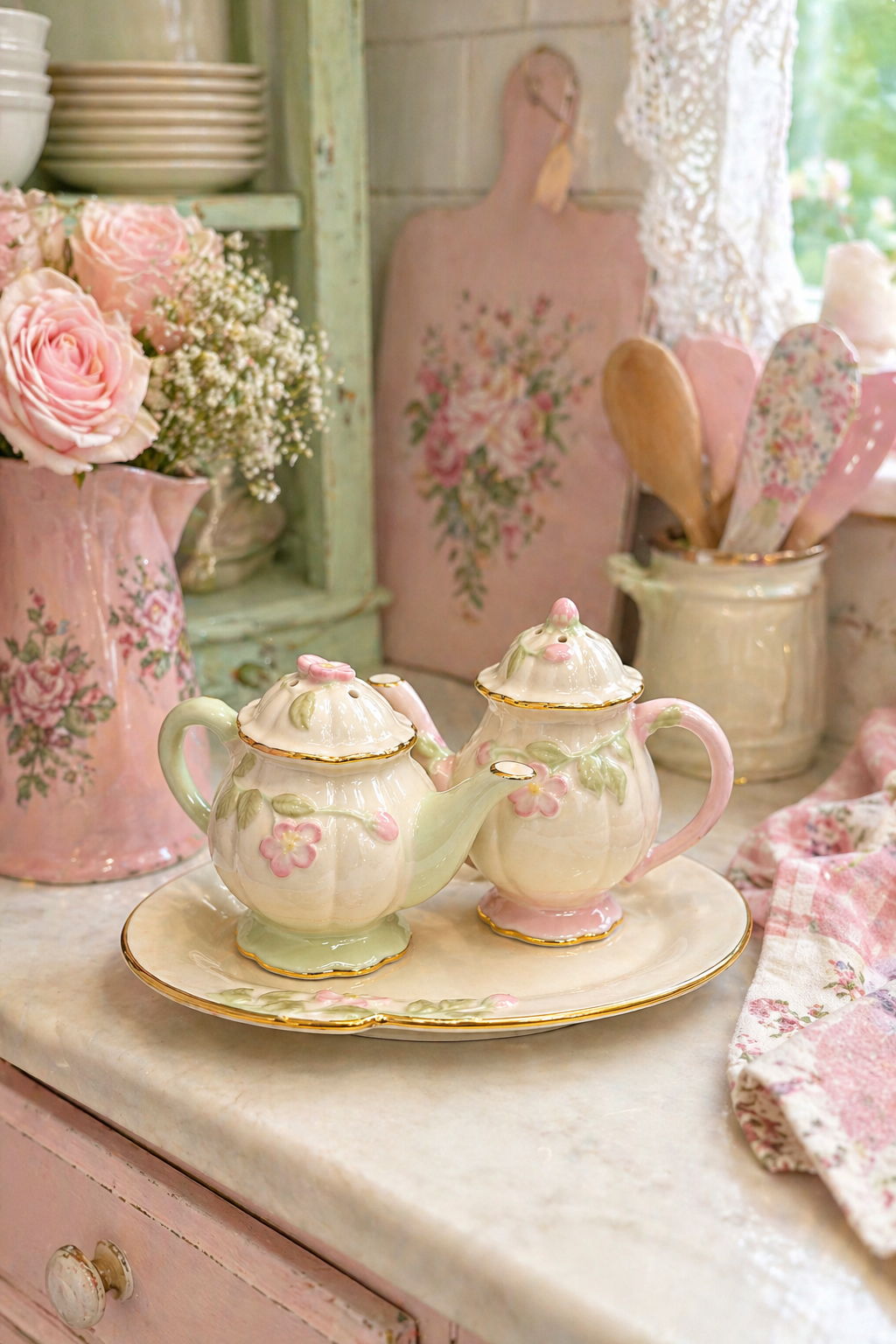 Vintage 1990s Lenox Mini Teapot Salt & Pepper Shaker Set with Tray | Floral Porcelain Kitchen Décor