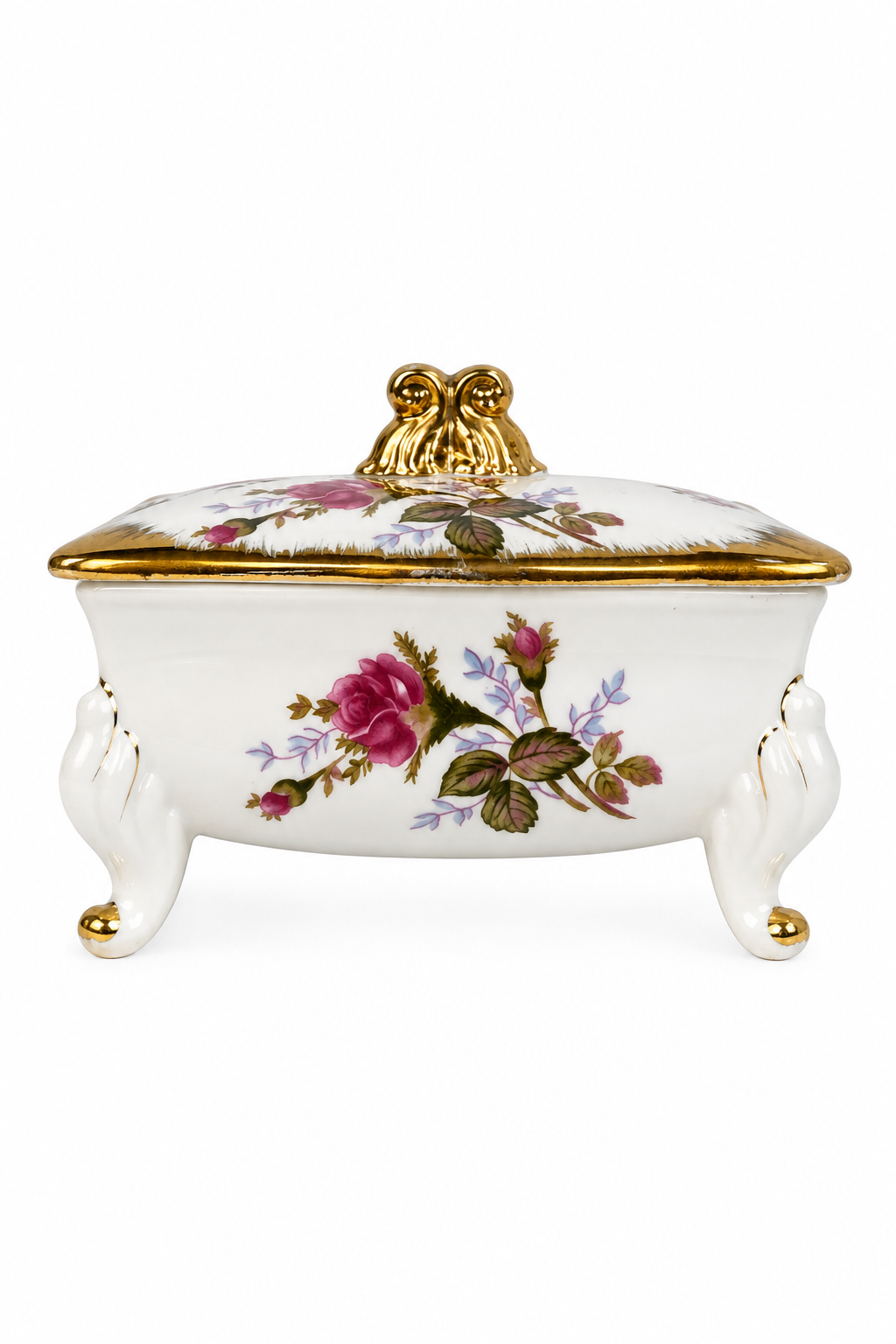 Vintage 1950s Pink Rose Porcelain Vanity Trinket Box | Gold Bow