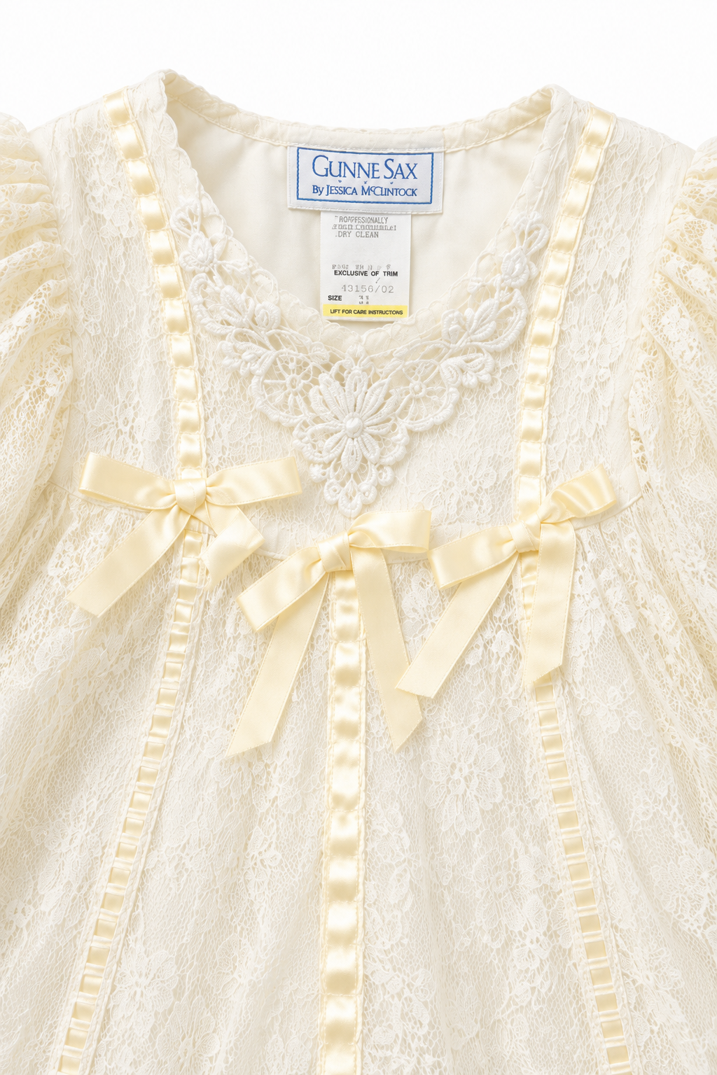 Vintage Gunne Sax by Jessica McClintock Girls Ivory Lace Dress – Satin Bows Made in USA – Size 3T