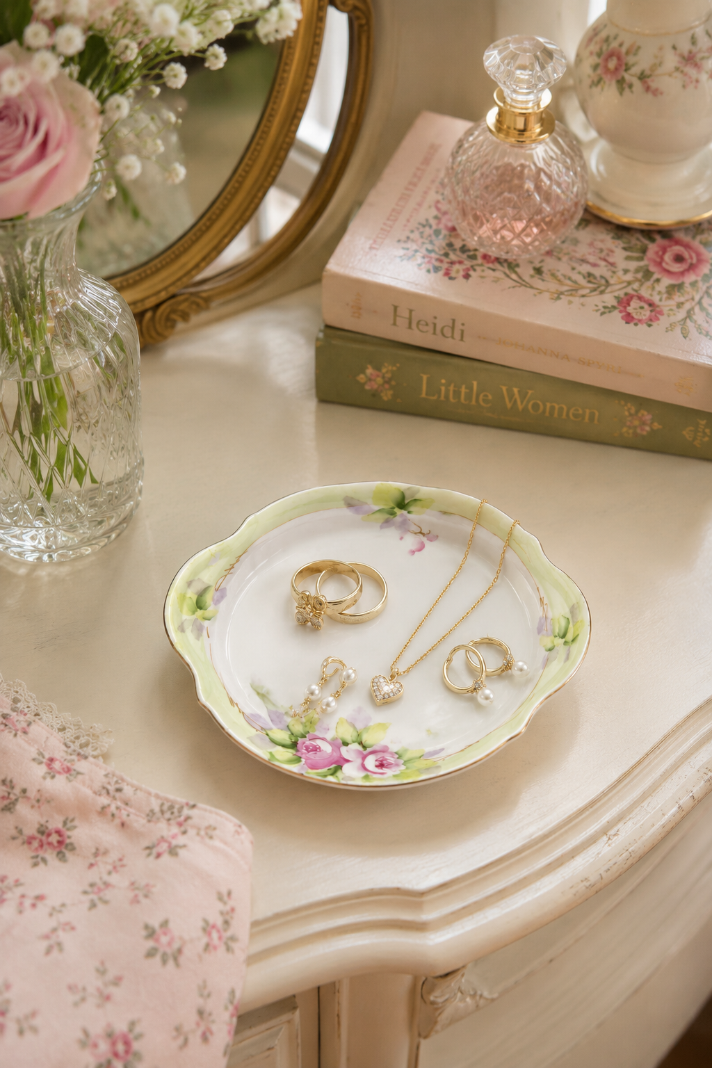 Antique 1911–1921 Nippon Hand-Painted Double Handled Porcelain Plate | Pink Roses | Gold Trim | 6”