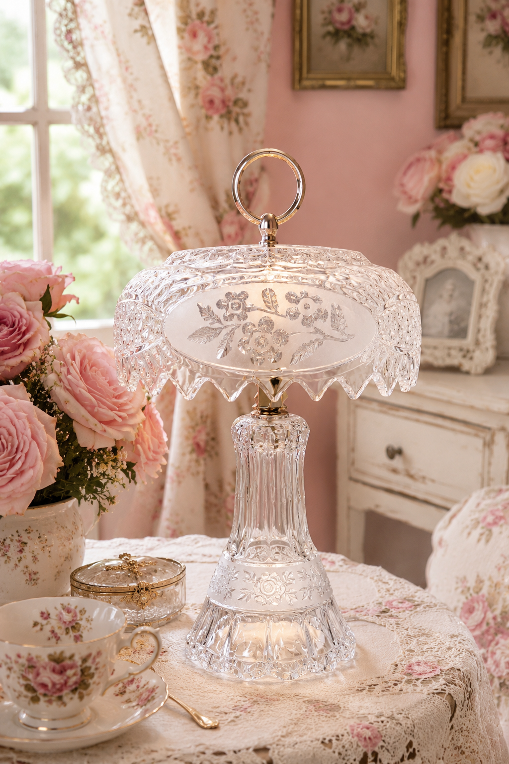 Vintage 1970s–1980s Crystal Boudoir Table Lamp | Elegant Crystal Accent Lamp