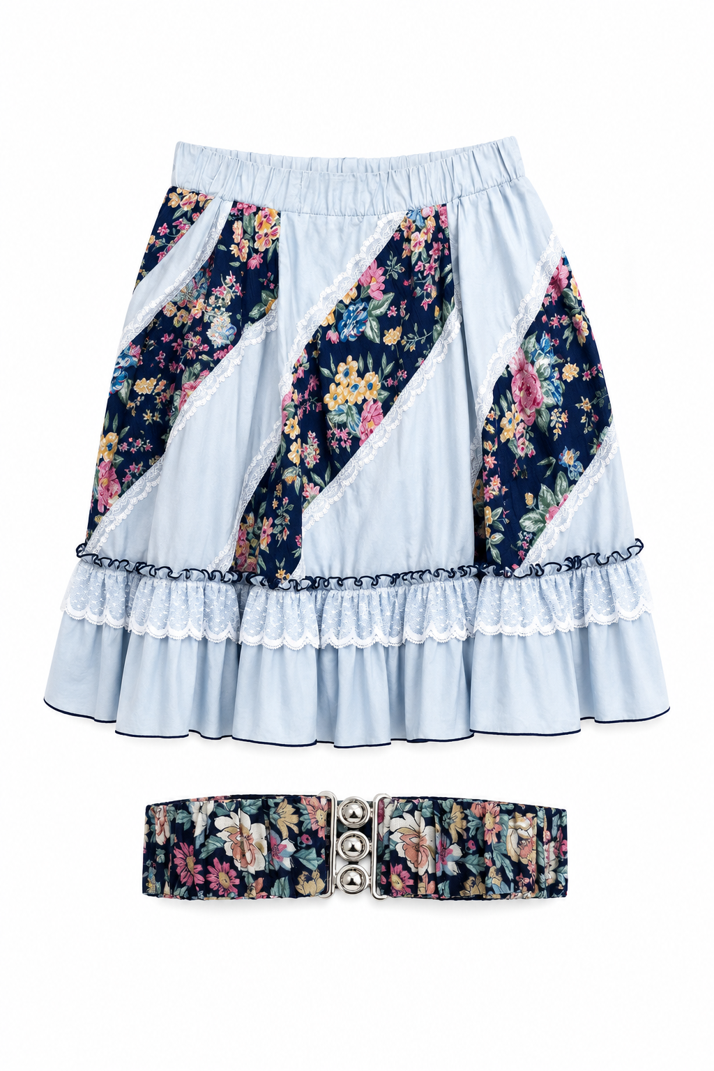 Vintage Cottagecore Floral Prairie Skirt Set with Matching Belt | Blue Lace Ruffle Skirt | Size L/XL