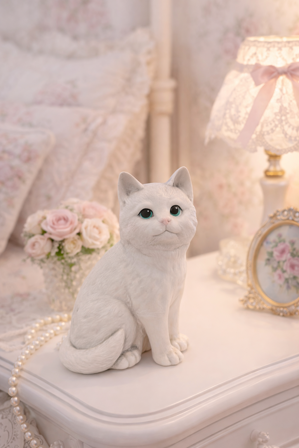 Vintage 1980s White Cat Figurine | Big Blue Eyes, Ceramic Kitten Decor, Made in USA