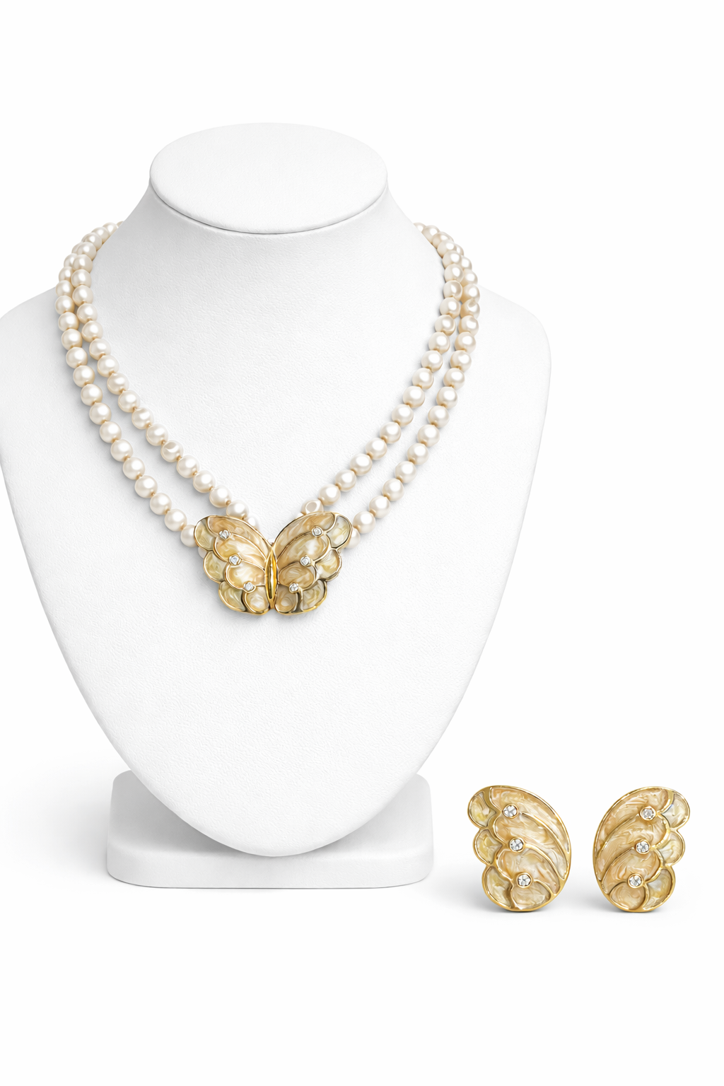 Vintage Avon Butterfly Pearl Necklace & Earring Set | Gold & Pearl Parure