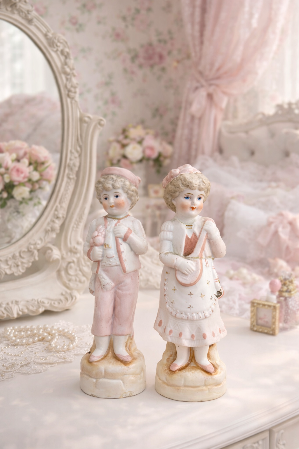 Vintage Pink Boy & Girl Figurine Set | Romantic Shabby Chic Porcelain Statues