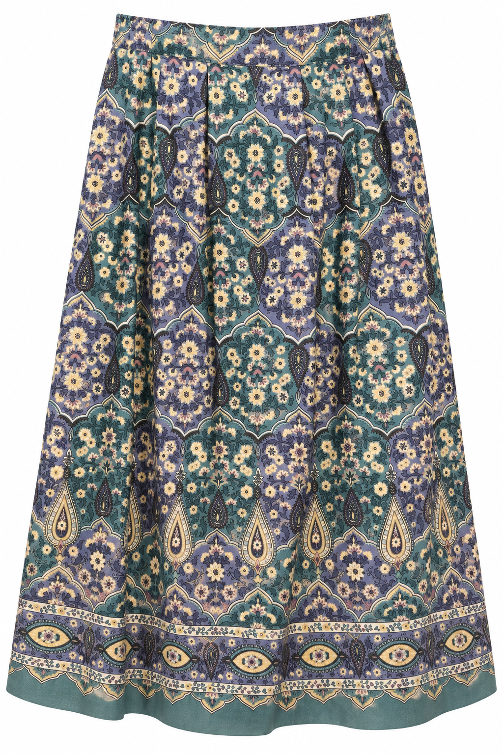 Vintage 1980s–90s Jantzen Petite Paisley Medallion Cotton Midi Skirt Green Yellow Size 10