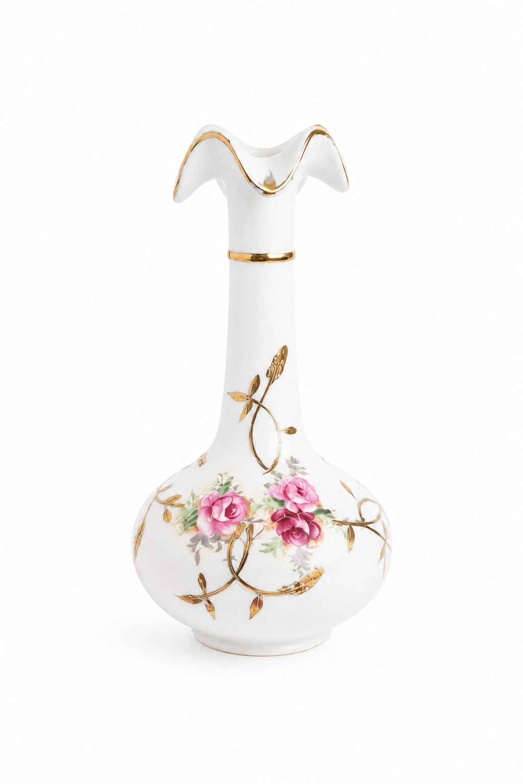 Antique 1920s Porcelain Bud Vase | Hand-Painted Pink Roses & Gold Gilt | Marked | 6” Floral Vase