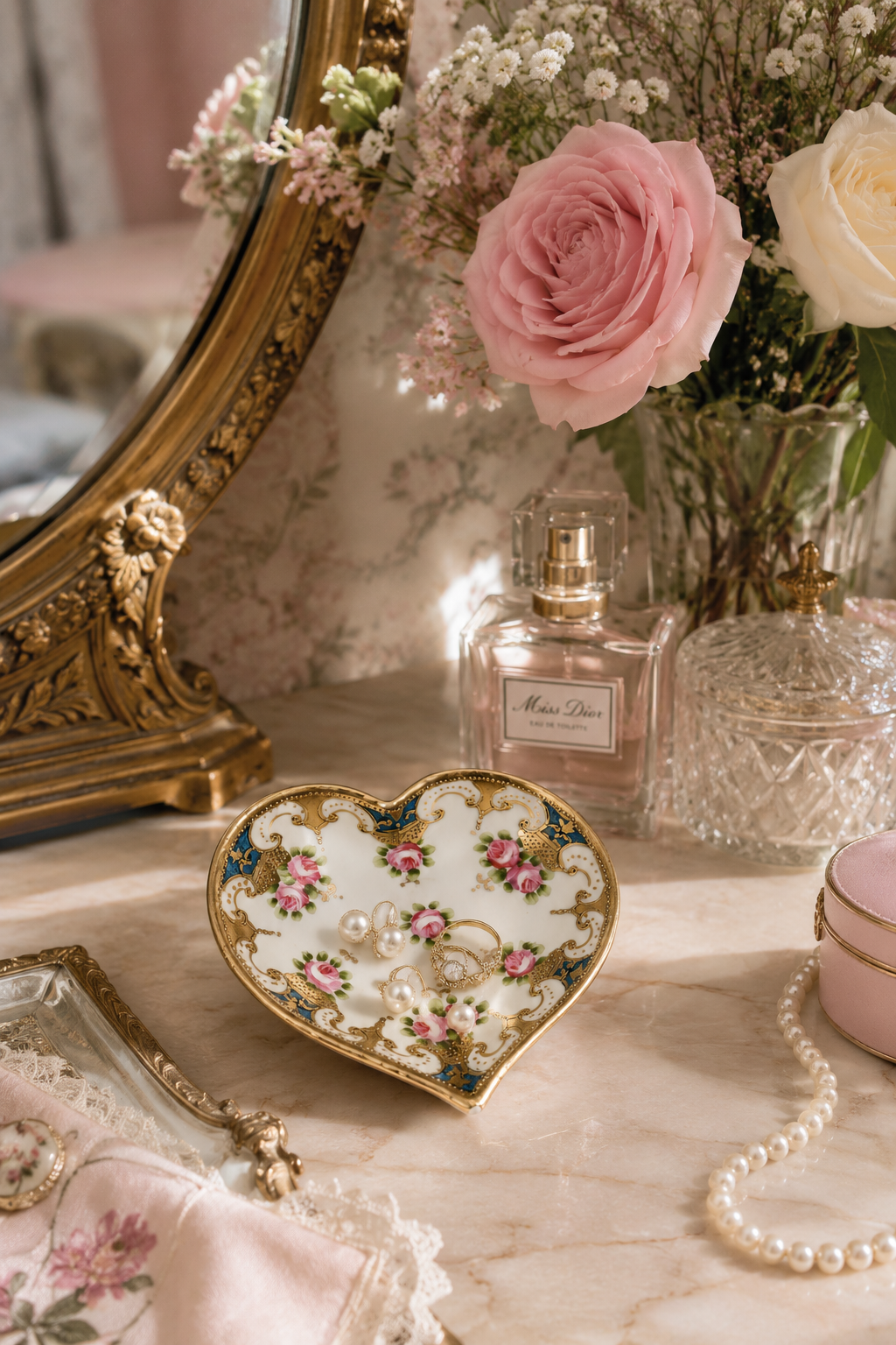 Antique Nippon Hand-Painted Heart-Shaped Trinket Dish | Maple Leaf Mark 1891–1911 | Gilt Pink Roses