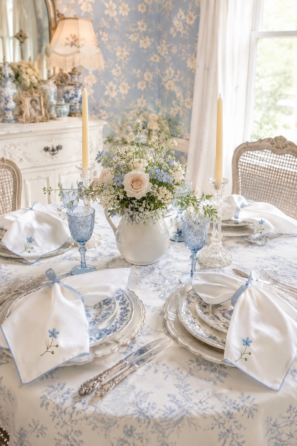 Vintage Set of 4 White Embroidered Floral Cotton Napkins | Blue Flower Embroidery | Cottage Table Linens