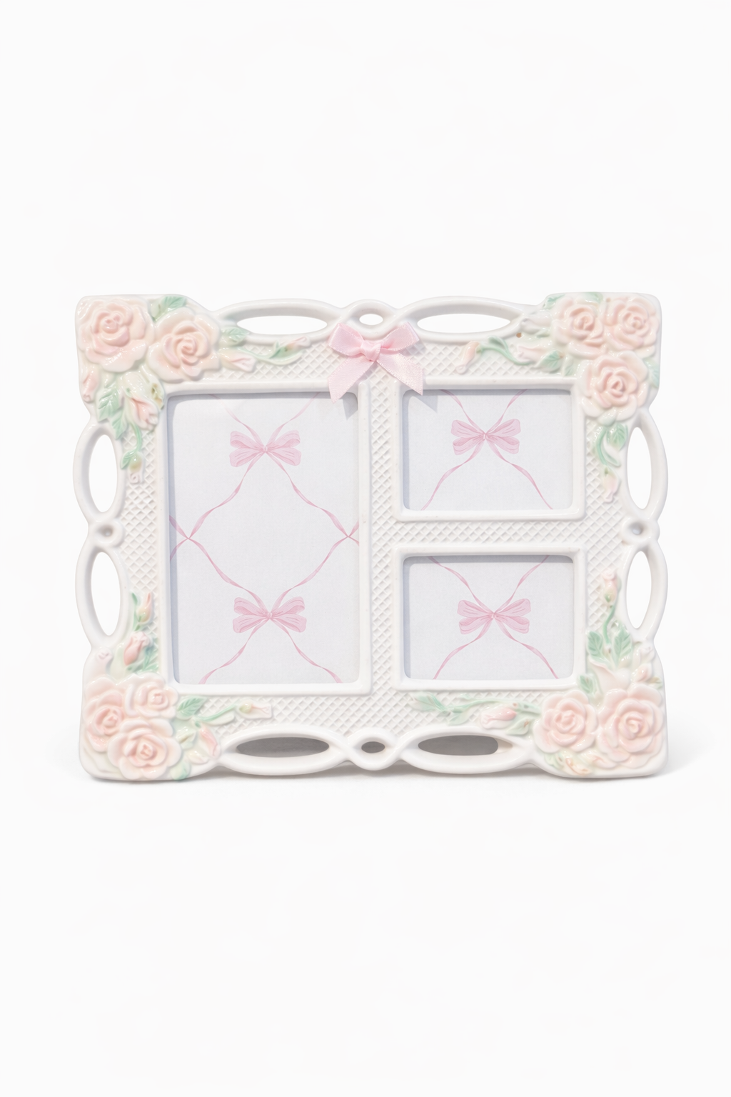Vintage Floral Multi-Opening Picture Frame with Pink Bow | Romantic Cottage Collage Frame