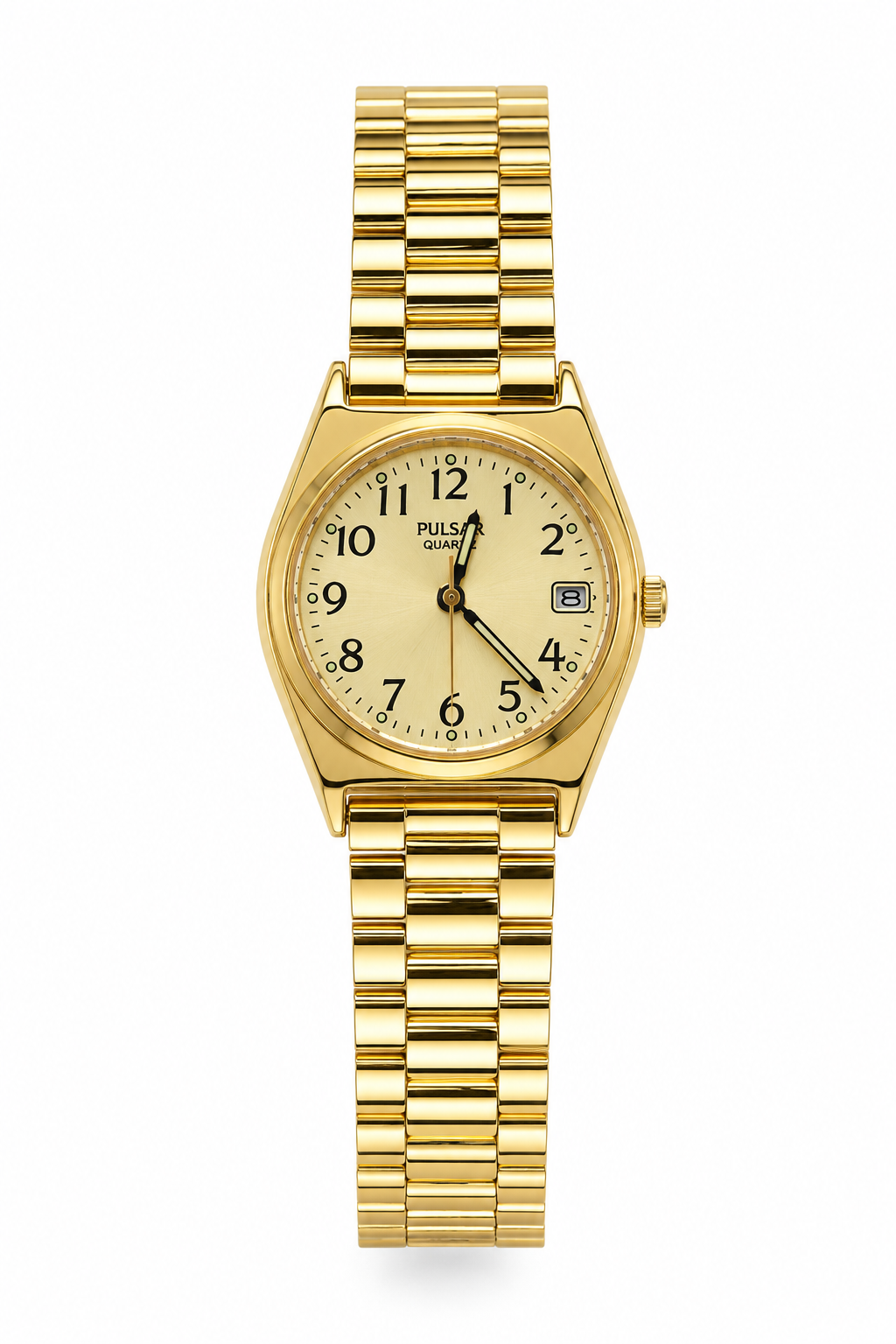 Vintage Pulsar Women’s Gold-Tone Stainless Steel Stretch Watch Champagne Dial Date Quartz