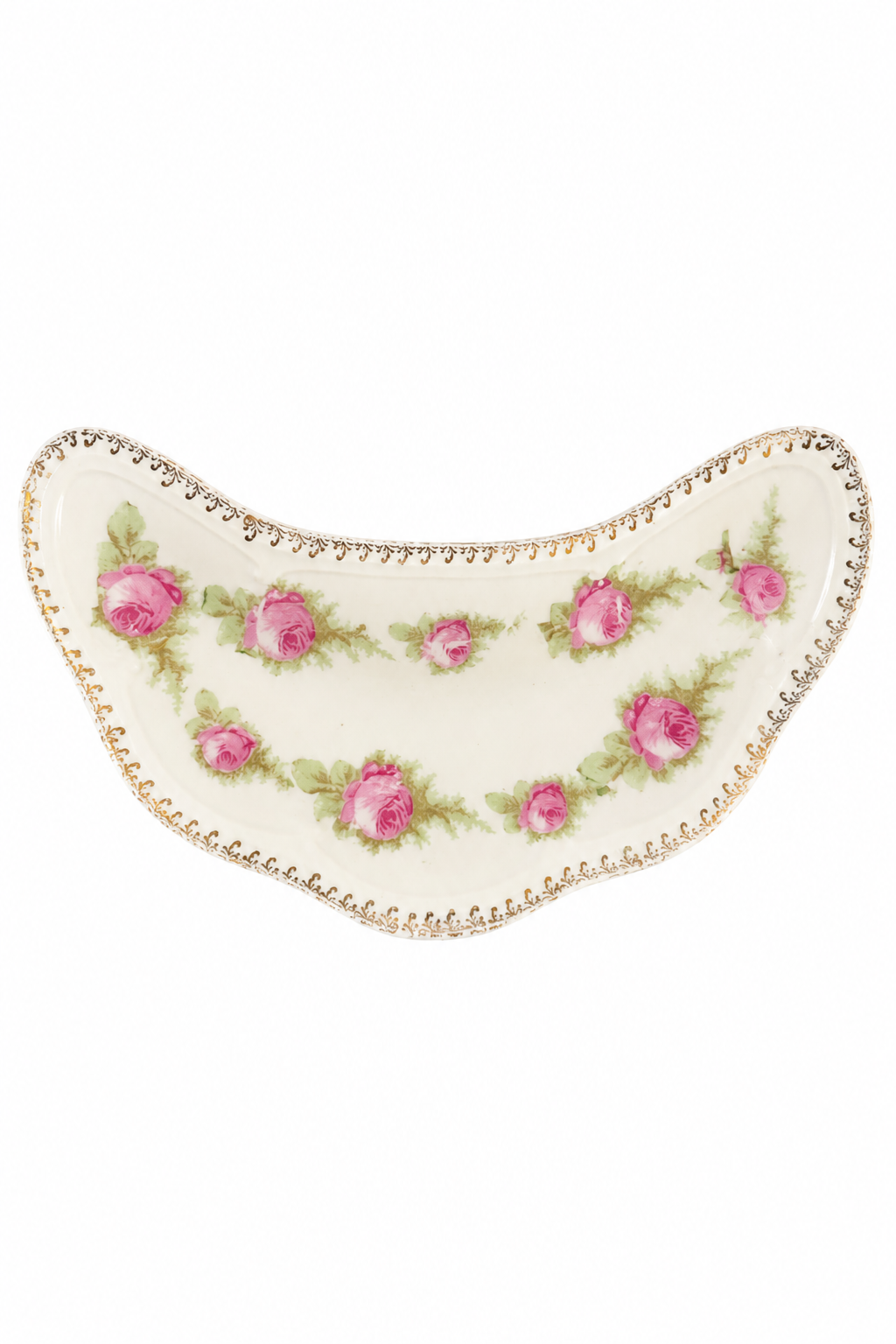 Antique Zeh, Scherzer & Co. Bavaria Crescent Bone Dish | Pink Roses | German Porcelain | 1890–1918