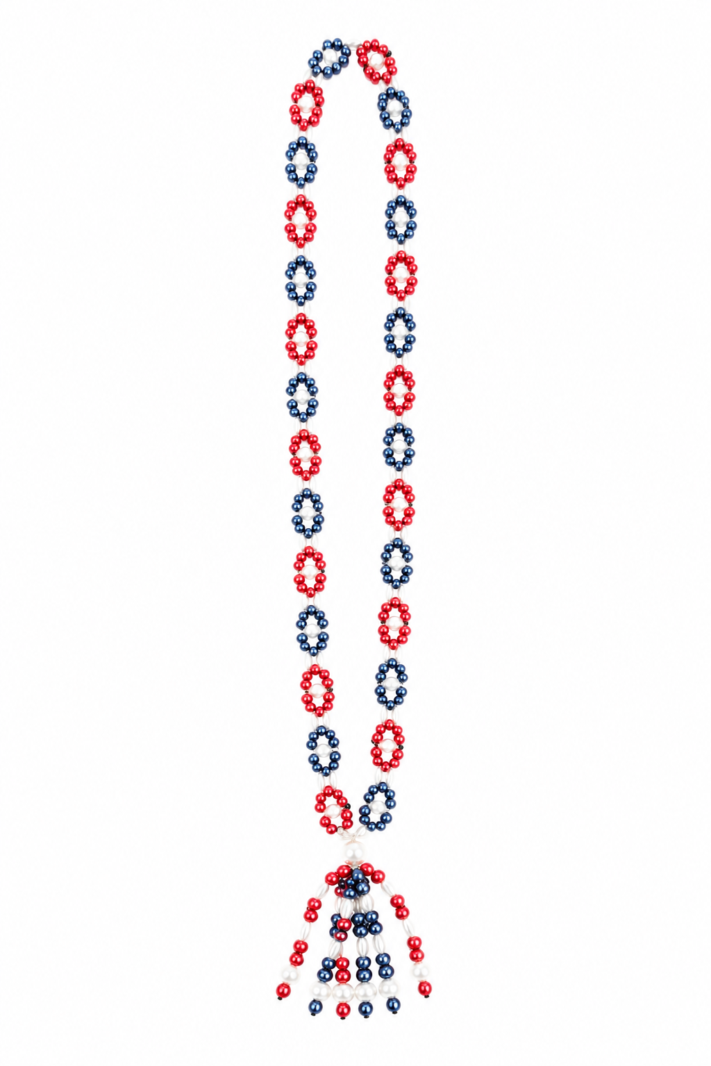1970s Vintage Patriotic Red, White & Blue Beaded Tassel Necklace | Americana Statement Necklace | Long Festive handmade Jewelry