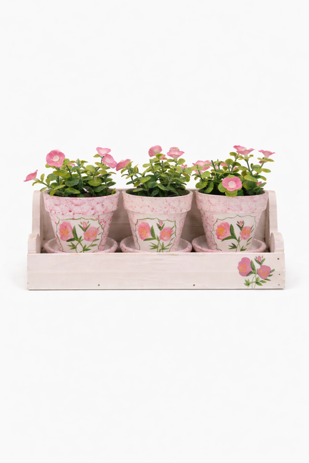 Set of 3 Floral Mini Planters with Wooden Tray | Cottage Garden Herb Pots