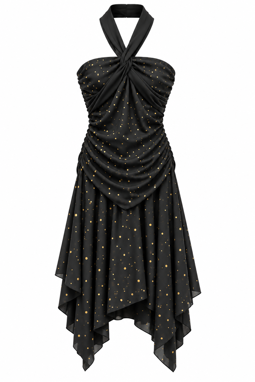 Vintage Y2K A. Byer Black & Gold Metallic Dot Ruched Halter Handkerchief Dress – Made in USA – Size M